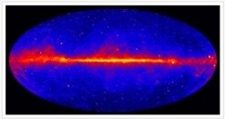 This view shows the entire sky in gammy ray radiation, at energies greater than 1 GeV, based on five years of data from the Large Area Telescope instrument on NASA's Fermi Gamma-ray Space Telescope. Brighter colours indicate brighter gamma-ray emission. The large bright band in the middle is the emission from our own Galaxy.