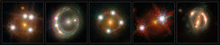 <p>This montage shows the five lensed quasars and the foreground galaxies studied by the H0LiCOW collaboration. Using these objects astronomers were able to make an independent measurement of the Hubble constant. They calculated that the Universe is actually expanding faster than expected on the basis of our cosmological model.</p>