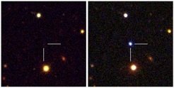 <p>These two images show observations of a superluminous supernova detected by the Palomar Transient Factory project in 2009 (PTF09cnd, z= 0.258). The pre-explosion image is from Sloan Digital Sky archive data, the post-explosion images are composed from observations made with the Palomar Observatory’s 1.5-m telescope, the Wise Observatory’s 1.0-m telescope and the Ultraviolet/Optical Telescope on board NASA’s Swift satellite.</p>