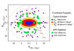 <p>Verteilung der Sichtlinien als Funktion des Wirkparameters und der Orientierung der Zielgalaxie. Die roten und blauen Bereiche entsprechen der Scheibe aus HI und der optischen Scheibe. Der gelbe Bereich entspricht der ausgedehnteren Scheibe. Die im Rahmen des COS-GASS-Programms enthaltenen Quasar-Sichtlinien sind lila dargestellt und die Sichtlinien aus dem COS-DISK-Programm grün.</p>