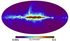 <p>Fig. 1: Radio map of the Milky Way. This map shows the amount of electrons with nearly the speed of light times combined with the magnitude of the transverse component of the galactic magnetic field, projected along each line of sight through the Milky Way.</p>