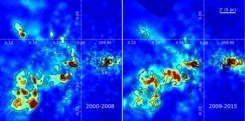 <p>Abbildung 2. Chandra-Karten der reflektierten Emission von einem der molekularen Komplexe in der Nähe von Sgr A* in den Jahren 2000-2008 (links) und 2009-2015 (rechts). Die Veränderungen in der Bildmorphologie stammen von der Ausbreitung der beleuchtenden Front durch die Wolke. Um den Vergleich zu erleichtern, werden die Konturen des ersten Bildes (links) an denselben Positionen im zweiten Bild (rechts) wiederholt.</p>