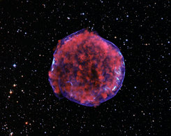 The remnant of Tycho’s supernova as seen in X-rays, showing the expanding shock wave.