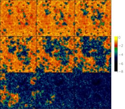 Maps of 21cm line emission (in terms of the so-called differential antenna temperature and in units of log K) at an observed frequency of (from top to bottom and left to right) 98, 103, 110, 116, 123, 131, 139, 147 and 157 MHz (Ciardi & Madau 2003)