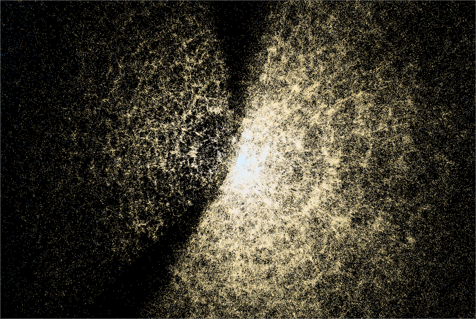 <p>Die großräumige Verteilung von Galaxien (hier: Sloan Digital Sky Survey) erlaubt Rückschlüsse auf die Zusammensetzung des Universums, insbesondere Dunkle Materie und Dunkle Energie, und den Ursprung der Struktur im Universum.</p>