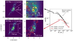 Fig. 4: Mock HST V-band images of the simulated starburst galaxy at a distance of 10 Mpc (top) and 50 Mpc (bottom). The zoomed-in regions (middle) show the apertures (red circles) placed on the detected clusters. The lower spatial resolution for more distant galaxies (1.5 pc per pixel in the closer galaxy compared to 7.5 pc per pixel in the more distant galaxy) result in an apparent flattening of the cluster mass function and artificially massive super star clusters (right panel). The simulated mass function of bound clusters (grey points) can be used to quantify this effect.The white circle shows the location of the most massive cluster detected in the low-resolution image (bottom middle). It is repeated in the higher resolution image (top middle) and highlights how the region contains a multitude of smaller mass clusters that are blended together at poor resolution.