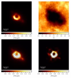 Figure 1: Brightness distribution on the first day. The top line shows the reconstruction and the relative error for the first observation day. The bottom left is a saturated version of the above plot, showing the emission zones outside the ring. Below right is a comparison of the result of the EHT collaboration. The overlaid contour lines show the brightness in multiplicative steps. The solid lines correspond to the factors of powers of two of the maximum. The lower right image is from EHT Paper IV, the rest is © MPA.