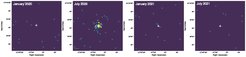 Fig.1: X-ray images of the 3x3 arcmin region of the sky around the position of AT2020mrf/SRGe J154754.2+443907 obtained by the SRG/eROSITA telescope during four successive sky surveys in 2020-2021.
