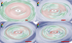 Die Bilder zeigen eine Akkretionsscheibe um ein Schwarzes Loch aus einer GRMHD-Simulation zu verschiedenen Epochen. Die Achse des Schwarzen Lochs mit Spin 0,9 ist in Richtung der negativen x-Achse und in einem Winkel von 15 Grad zur positiven z-Achse ausgerichtet. Der Unterschied in den Ausrichtungen der Scheibe und der Spinachse des Schwarzen Lochs führt dazu, dass die inneren Bereiche der Scheibe einer Präzession unterliegen. Dies zeigt sich an der sich ändernden Geometrie der Scheibe in ihrer Entwicklung von links oben nach rechts unten.