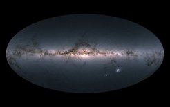 This map of the entire sky shows the total brightness and colour of more than 1.8 billion stars observed by ESA’s Gaia satellite. The bright horizontal structure that dominates the image is the plane of our Milky Way galaxy.