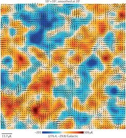 Temperature fluctuations (color) and polarization (lines) of the CMB on a small patch of sky extracted from the full-sky map of the Planck mission. The lengths and orientations of the lines indicate the polarization strengths and directions, respectively.