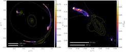 Angepasste Modelle der Bildebene (links) und der Quelle (rechts) des Gravitationslinsensystems MG J0751+2716 aus Powell et al. (2022). Die farbigen Bilder zeigen die Radioemission und illustrieren lange, dünne Gravitationsbögen, die mit VLBI aufgelöst wurden. Die vergleichsweise niedrig aufgelöste Infrarotbeobachtung mit der adaptiven Optik von W.M. Keck ist mit durchgezogenen gelben Konturen dargestellt; in der Mitte des Bildes ist die Linsengalaxie selbst sichtbar. Die kritischen Kurven, bei denen die Linsenverstärkung unendlich wird, sind als gestrichelte weiße Linien dargestellt. Die Bögen, die durch die hochauflösenden Radiodaten aufgedeckt werden, sind sehr empfindlich für die Massenverteilung in der Linsengalaxie. Die Details in der Struktur der Quelle – ein Jet, der sich von der Wirtsgalaxie weg erstreckt – können nur rekonstruiert werden, wenn Detailstrukturen in das Linsenmodell einbezogen werden.