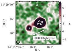 Diese hochauflösende ALMA-Aufnahme des „Kleeblatt“-Systems (verdeutlicht durch die grauen Konturen in der Mitte) zeigt nicht nur das Wirtssystem des Quasars sondern auch eine Begleitgalaxie, die durch eine Brücke aus Materie verbunden ist. Dies ist das erste Mal, dass im frühen Universum eine Galaxie dabei beobachtet wurde, wie sie Materie von einem Nachbarn aufnimmt.