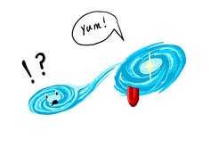 Diese künstlerische Darstellung zeigt wie der Quasar (helle gelbe Quelle rechts) und seine Wirtsgalaxie Materie von einem nahen Begleiter abziehen. Im Laufe der nächsten hundert Millionen Jahre wird das supermassereiche Schwarze Loch nicht nur die Nachbargalaxie vollständig aufzehren, sondern auch Gas aus seiner eigenen Wirtsgalaxie verdrängen, was letztlich die Sternentstehung hemmt und zu einer typischen elliptischen Galaxie führt.