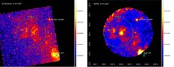 Fig.2: Chandra and IXPE X-ray images of the molecular cloud in the vicinity of Sgr A*. The position of Sgr A* is marked with a cross. The big, solid circle highlights the bright diffuse emission, whose spectrum suggests a “reflection” origin. The smaller, dashed ellipse shows the region, which was excluded from the analysis to avoid contamination by a bright non-thermal diffuse source.