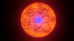 Im Zentrum eines massereichen Roten Überriesen kann ein winziger Neutronenstern liegen. In diesem Bild ist der Sternkern nicht maßstabsgetreu – ein Neutronenstern mit einer Größe von nur wenigen Kilometern wäre im Vergleich zu dem viele Millionen Kilometer großen Überriesen zu klein, um ihn zu sehen.