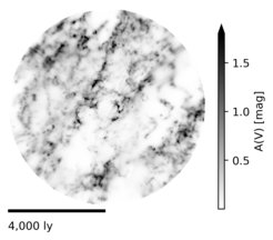 Bird's-eye view of the distribution of dust within 4,077 light-years around the Sun. The Sun is at the center and the galactic center is to the right.