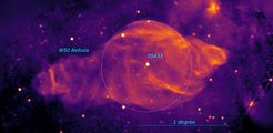 Fig.1 Radio image of W50 nebula (see http://snrcat.physics.umanitoba.ca/SNRrecord.php?id=G039.7m02.0 and https://ui.adsabs.harvard.edu/abs/1998AJ....116.1842D/abstract for detailed description). The central bright spot is a hyperaccreting source SS433. The radio nebula (W50), features a quasi-spherical part (indicated by the dashed circle) and two extensions.