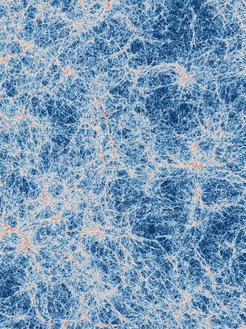 Simulation of a vast region of the Universe based on the current cosmological model and performed using supercomputers. In the image, the faint glow of the gas within the cosmic filaments, forming a dense cosmic web, is shown in white. At the intersections of these filaments, the gas within galaxies, which fuels the formation of new stars, is highlighted in red.