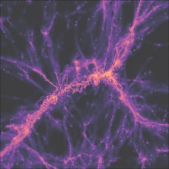 A twin of the cosmic filament observed in the MUDF as seen in a supercomputer simulation describing the large-scale distribution of gas in the Universe. The gas flowing within the cosmic web, feeding galaxy formation at filament intersections, is shown in purple.