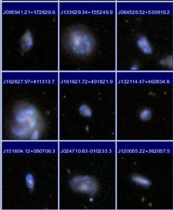 Abbildung 2: Miniaturbilder von einigen der Galaxien mit geringer Masse im SDSS, die derzeit starke Bursts an Sternentstehung zeigen.