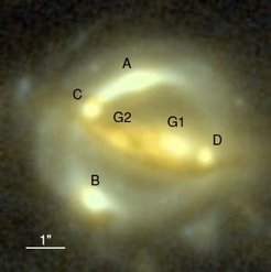 Abb 1: Bild des Gravitationslinsensystems B1608 + 656, aufgenommen mit dem Hubble Space Telescope (von Suyu et al. 2010). Die zentrale Linsengalaxie (G1) und eine Satellitengalaxie (G2) sind durch mehrere Bilder der Hintergrundquelle (A, B, C und D) umgeben. Die Reihenfolge der Bilder folgt der Ankunftszeit des Lichtsignals.