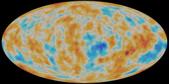 Abb. 1: Eine Visualisierung der Polarisation des kosmischen Mikrowellenhintergrunds (CMB), wie sie vom Planck-Satelliten über den gesamten Himmel vermessen wurde. Ein kleiner Bruchteil des CMB ist polarisiert - das Licht schwingt in einer bevorzugten Richtung. In diesem Bild repräsentiert die Farbskala Temperaturdifferenzen im CMB, während die Textur die Richtung des polarisierten Lichts andeutet. Die dabei sichtbaren Muster sind charakteristisch für Polarisation im "E-Modus", die dominierende Form der Polarisation beim CMB.