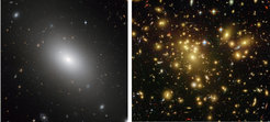 Abb. 0: Bilder einer Galaxie (NGC 1132, links) und eines Galaxienhaufens (Abell 1689, rechts) aufgenommen vom ESA/NASA Hubble Space Teleskop. Bei optischen Wellenlängen sehen diese System sehr unterschiedlich aus, da ein Galaxienhaufen hunderte oder sogar tausende von Galaxien enthalten kann. Andererseits sind die Röntgenemissionen von diesen Systemen bemerkenswert ähnlich.