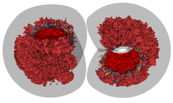 Convection in the oxygen burning shell of a 20 solar-mass progenitor (surfaces of constant radial velocity).