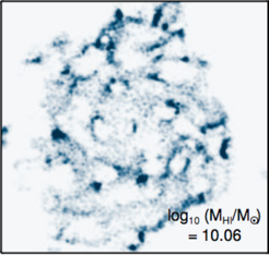 Abb. 4: Synthetisches Bild des atomaren Wasserstoffs in einer simulierten Galaxie analog zu den Beobachtungen in Abb. 1. Deutlich zu erkennen ist die Vielzahl großer Löcher in der Wasserstoffscheibe.