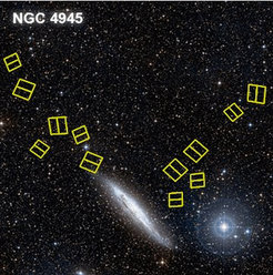 Figure 2: Optical image of one of the galaxies in the GHOSTS sample, NGC 4945. Yellow squares indicate Hubble Space Telescope (HST) observations obtained in the stellar halo of this galaxy.