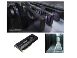 Abb. 1: Oben: Der Hydra-Supercomputer (1,7 Petaflop / s) betrieben von der Max Planck Computing and Data Facility ist ausgestattet mit 676 Kepler K20 GPGPU-Beschleunigern (1 Petaflop/s, unten links). Dieser Supercomputer wurde verwendet, um die DRAGON-Simulationen durchzuführen. Unten rechts: Der Laoh- Supercomputer der Nationalen Astronomischen Observatorien, Chinesische Akademie der Wissenschaften in Peking (96 Teraflop/s) betrieben am Zentrum für Information und Computing ist mit 64 Kepler K20 GPGPU-Beschleunigern ausgestattet.