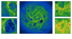 Face-on maps of the gas column density in a simulated galaxy at different spatial scales, highlighting the complex structure of the ISM. The central panel shows the entire star-forming region of the dwarf galaxy model. The details shown are a filamentary structure that is about 300 pc long (top left), a 200 pc bubble driven by supernova explosions (bottom left), a group of dense clouds (top right), and a further zoom-in of the dense clouds (bottom right). The effective spatial resolution is about 2 pc, so most of the clouds are well resolved.