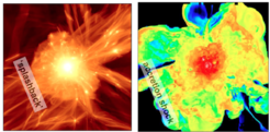 Left: dark matter halo of a simulated galaxy cluster. The density steepening at the splashback is highlighted with a special image enhancement technique. Right: gas temperature of a simulated cluster. The accretion shock is clearly visible where the temperature steepens at the outskirts of the cluster.