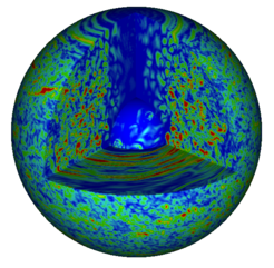 Numerische Simulation eines entstehenden Magnetars. Die Farben zeigen unterschiedliche magnetische Feldstärken.
