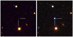 Diese beiden Bilder zeigen Beobachtungen einer superleuchtkräftigen Supernova, entdeckt im Rahmen des Palomar Transient Factory Projectes im Jahr 2009 (PTF09cnd, z= 0.258). Das Bild vor der Explosion (links) ist aus Archivdaten des Sloan Digital Sky Survey, das Bild nach der Explosion wurde zusammengesetzt aus Aufnahmen mit dem 1.5-m Teleskop am Palomar Observatorium, dem 1.0-m Teleskop am Wise Observatorium und dem Ultraviolet/Optical-Telekop auf dem Swift-Weltraumteleskop der NASA.