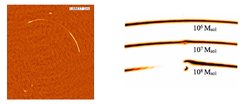 Hochauflösende Bilder mit Hilfe der Gravitation: Links sind VLBI-Daten für das Linsensystem B1938+666 gezeigt. Der lange Bogen ist ein stark verkrümmtes und verstärktes Bild einer fernen Hintergrundgalaxie. Das Bild rechts zeigt, wie sich unterschiedliche Massenstrukturen in der Linsengalaxie auf den Gravitationsbogen von B1938+666 auswirken würden.