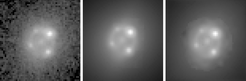 Die erste und einzige räumlich aufgelöste stark gelinste Type Ia Supernova, iPTF16geu, entdeckt von Goobar et al. Links: HST-Aufnahme vom 28. Oktober 2016 mit vier Bildern derselben Quelle um die Vordergrundgalaxie. Mitte und rechts: Zwei verschiedene Rekonstruktionen aus Linsenmassenmodellen des Systems von More, Suyu, Oguri et al. (2017)