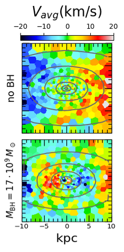 Fig. 3: Velocity maps for simulations with no black hole (top) and a supermassive black Hole (SMBH with 17 × 109 solar masses, bottom). Blue coloured regions are moving towards the observer, red coloured regions are moving away from the observer. A counter-rotating region of the size of the diffuse core is forming in the centre if the SMBH is very massive– very much like in observed giant elliptical galaxies. The contours indicate constant surface density.