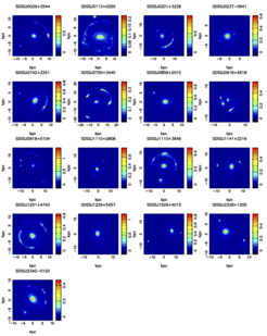 Bilder des Hubble-Weltraum-Teleskops aller Gravitationslinsensysteme. Die Skala für die Oberflächenhelligkeit ist in Elektronen pro Sekunde angegeben. Die Morphologien der Linsensysteme sind sehr unterschiedlich, von fast vollständigen Einsteinringen bis hin zu sehr kompakten 2-Bild-Systemen.