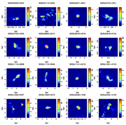 Die Intensität der Sternentstehungsraten der Objekte aus Abb. 1, basierend auf der jeweiligen Rekonstruktion der Quelle mit einem rasterbasierten Gravitationslinsenmodell. Die Farbskala für jedes Objekt ist in Einheiten der Sonnenmassen pro Jahr in einem Quadrat mit 1 Kiloparsec Seitenlänge angegeben. (Die Rekonstruktion des Objektes J0201+3228 wurde nicht berücksichtigt, da hier starke Residuen auftraten.)