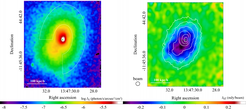 Abbildung 1:
(Links) Röntgenbild von RX J1347-1145 bei einer Rotverschiebung von z=0,451, aufgenommen vom Chandra-Röntgenobservatorium. Das Kreuz zeigt die Position der stärksten Röntgenstrahlung, die weißen Linien kennzeichnen die Bereiche, aus denen die gleichmäßige Verteilung der Röntgenemission und des SZ-Signals berechnet wird.
(Rechts) SZ-Bild, aufgenommen von ALMA. Das Kreuz bezeichnet die gleiche Position wie im linken Feld, die weißen Linien zeigen die Konturen der Röntgenstrahlung. Aus Ueda et al. (2018).