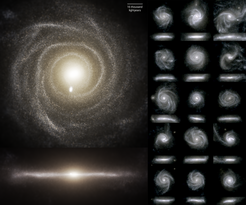 Images of disk galaxies from the TNG50 simulation in visible light. For each galaxy, there is a face-on view (top) and an edge-on view. TNG50 has thrown new light on how disk galaxies like this form