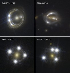 Each of these Hubble Space Telescope snapshots reveals four distorted images of a background quasar surrounding the central core of a foreground massive galaxy. The multiple quasar images were produced by the gravity of the foreground galaxy, which is acting like a magnifying glass by warping the quasar’s light in an effect called gravitational lensing. Quasars are extremely distant cosmic streetlights produced by active black holes.
The light rays from each lensed quasar image take a slightly different path through space to reach Earth. To trace each pathway, the astronomers monitor the flickering of the quasar’s light as its black hole gobbles up material. The flickering sequence of the different images allows researchers to measure the time delays between each image as the lensed light travels along its path to Earth. These time-delay measurements helped astronomers calculate how fast the universe is growing, a value called the Hubble constant.
