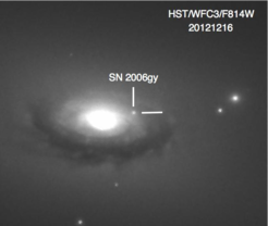 Image of the supernova SN 2006gy in the galaxy NGC 1260 about 6 years after the explosion was first observed. The supernova is still glowing brightly in the outer region of its host galaxy.