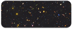 Fig. 1: A portion of deep space from the L-Galaxies computational model. This image was made using the MRObs virtual observatory, which selects galaxies of known position, mass, age, size, etc., from the model, assigns them random inclinations, and computes their observed colour as it would be seen by the Hubble Space Telescope.