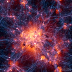 Projection through the Illustris simulation, which includes more physical effects than the Millennium simulation. This view is centered on the most massive cluster and shows the dark matter density overlaid with the gas velocity field.
