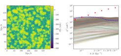 Left panel: map of 21cm signal at z=9.1 for one of the models studied in Ghara et al. (2020). Right panel: the curves show the power spectra of the 21cm signal at different scales for the 1495 models studied in Ghara et al. (2020). The red points with error-bars show the upper limits from the LOFAR observations by Mertens et al. (2020), while the blue dashed curve represents the model corresponding to the map shown in the left panel. All the models above the observational points are excluded by LOFAR observations.