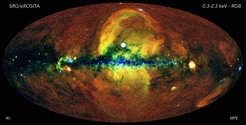 A map of the whole sky, built by astrophysicists of the two scientific consortia of SRG/eRosita in Germany and Russia is shown in the figure. Each consortium created their images for one half of the sky. These images were so beautiful, that both consortia decided to stitch two halves in the Aitoff projection and show a joint map, which turns out to be the best all-sky map in the history of X-Ray astronomy!
The jointly created map is so a called “X-ray RGB map” where photons of different energies are shown in different colours – from 300 to 600 eV in red, from 600 eV to 1.0 keV in green and from 1 to 2.3 keV in blue. The colours on this map, obtained from about 400 million photons registered by eRosita during the past six months, allow one to immediately judge the temperature of radiating gas, ranging from 3 to more than 10 million Kelvin.
At the very center of the map a supermassive black hole SGR A* is located with a mass of about 4 million solar masses. It is a rather weak X-ray source nearly invisible on this map. At the middle plane of the picture lies the disk of our Milky Way, which we can observe in its full glory with a naked eye on a dark summer night. However, on the X-ray map, the Milky Way looks like a dark band because the molecular gas and dust in the plane of the Galaxy absorb X-rays. The blue dots located in this region reveal the presence of a large number of bright and powerful X-ray sources in the Milky Way – X-ray pulsars, accreting black holes and neutron stars in binary stellar systems, remnants of supernova explosions.