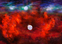 Diese künstlerische Darstellung der Supernova 1987A zeigt die staubigen inneren Regionen der Überreste des explodierten Sterns (rot), in denen sich ein Neutronenstern verstecken könnte. Dieser innere Bereich kontrastiert mit der äußeren Hülle (blau), wo die Energie der Supernova mit dem umgebenden Gas kollidiert (grün), das vom Stern vor seiner Explosion ausgestoßen wurde.